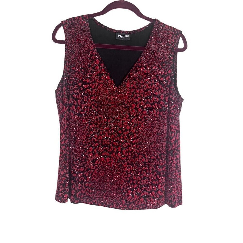 Bay Studio Rhinestone Floral Top L Red Tank Festive Holiday Festival Edgy Chic